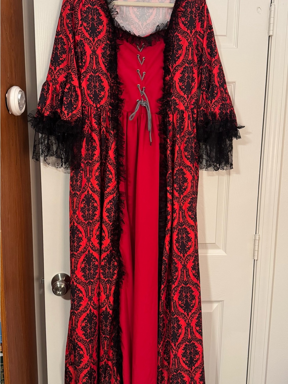Red and Black Lace-Trim Long Women's Coat